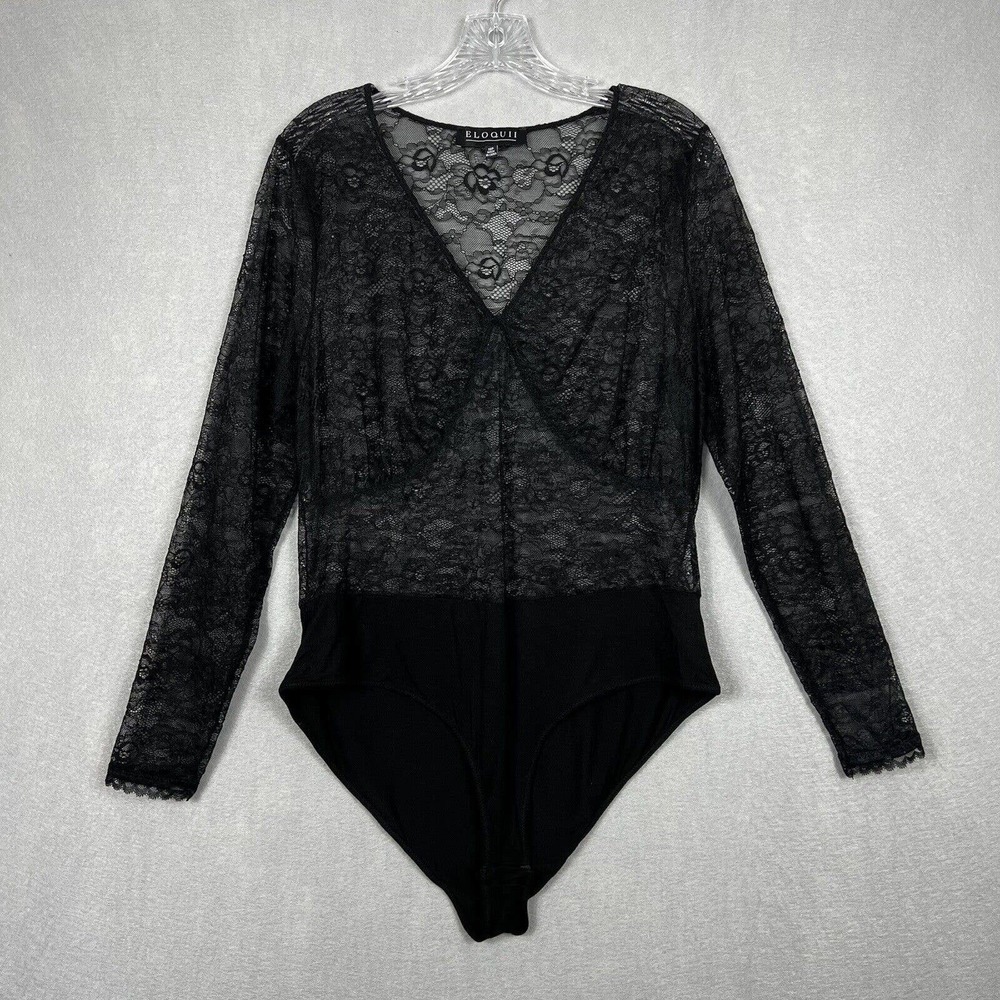 Eloquii Black Lace Sheer Bodysuit Size 16P Petite Y2K Whimsigoth Dark Romantic
